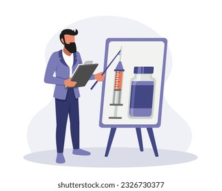 Medic standing near board with vaccine symbols. Protection from pandemic outbreak. Concept of antiviral vaccination. Boosting immune system health. Vector flat illustration in blue colors