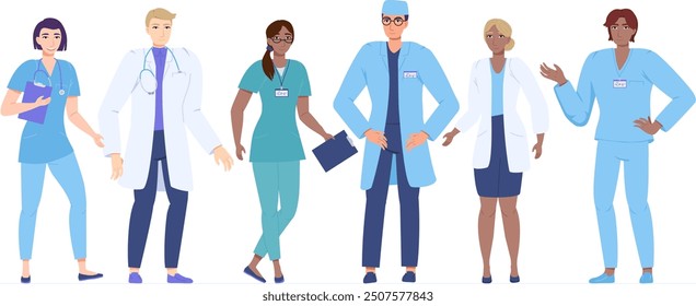 Conjunto de personajes de estudiantes de medicina. Concepto de personal médico de hospital de diversidad. Ilustración vectorial común aislada en el fondo blanco en estilo plano.