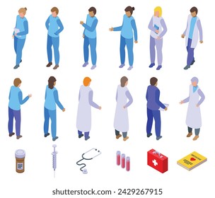Medic student icons set isometric vector. Health character. Staff medicine people