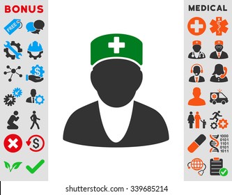 Medic vector icon with bonus. Style is bicolor flat symbol, green and gray colors, rounded angles, white background.