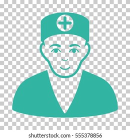 Medic vector icon. Illustration style is flat iconic cyan symbol on a chess transparent background.