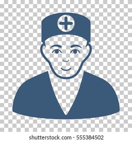 Medic vector icon. Illustration style is flat iconic blue symbol on a chess transparent background.