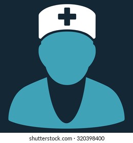 Medic vector icon. Style is bicolor flat symbol, blue and white colors, rounded angles, dark blue background.