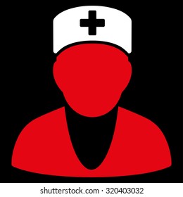 Medic vector icon. Style is bicolor flat symbol, red and white colors, rounded angles, black background.
