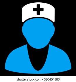 Medic vector icon. Style is bicolor flat symbol, blue and white colors, rounded angles, black background.