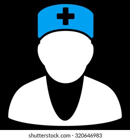 Medic vector icon. Style is bicolor flat symbol, blue and white colors, rounded angles, black background.
