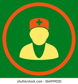 Medic vector icon. Style is bicolor flat circled symbol, orange and yellow colors, rounded angles, green background.