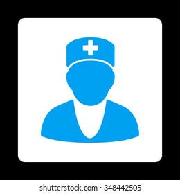 Medic vector icon. Style is flat rounded square button, blue and white colors, black background.