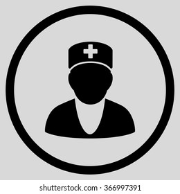 Medic vector icon. Style is flat circled symbol, black color, rounded angles, light gray background.