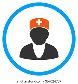 Medic vector icon. Style is flat circled symbol, orange and blue colors, rounded angles, white background.
