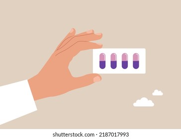 Medic in white clothes show medication. Healthcare specialist holding vitamin in hand. Prescription of doctor concept. Pharmacy, drug store, medicine. Health care vector illustration