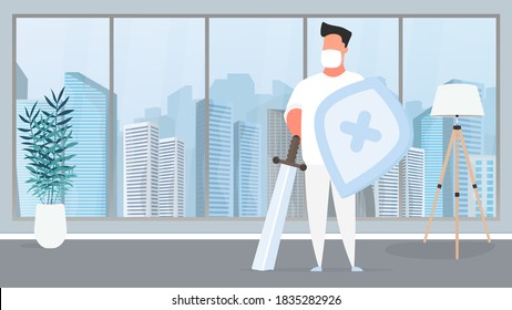 A medic in a white suit with a shield and a sword. Doctor in a medical mask. Vector.