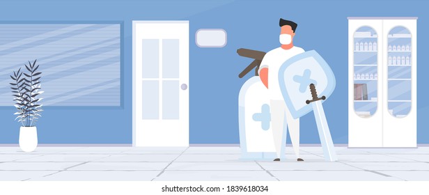 A medic in a white suit with a shield and a sword. Doctor in a medical mask. Medical office. Doctor's office. Cabinet, medicines. Vector.