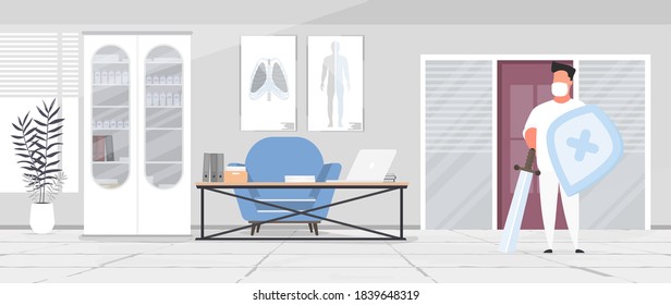 A medic in a white suit with a shield and a sword. Doctor in a medical mask. Medical office. Doctor's office. Cabinet, medicines. Vector.
