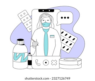 Medic in white uniform giving online consultations to patient. Time for making treatment online. Remote meeting with therapist. Vector flat line illustration in blue colors