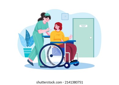 Medic Woman Helping lady in a wheelchair Illustration concept. Flat illustration isolated on white background.