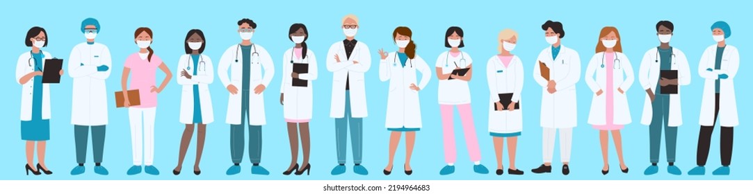 Medic workers standing together in row vector illustration. Cartoon brave paramedic team, doctors and nurses wearing hospital uniform and medical face masks background. Frontline, medicine concept