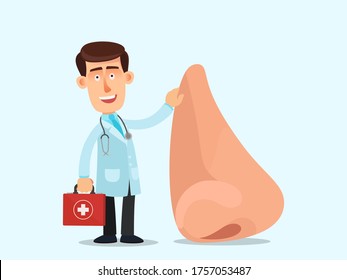 Medica and human nose. ENT doctor hold big nose sign. Friendly, smiling lor - therapist with red case. Medical vector illustration, flat design, cartoon style, isolated background.