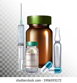 Medical 3D illustration. Realistic set of pharmaceuticals. Glass ampoules, vials of medicine and tablets
