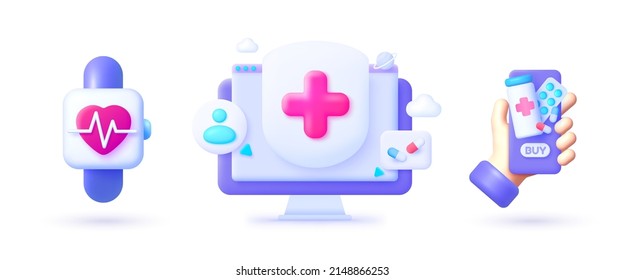 Medical 3d illustration set. Pulse smart, great design for any purposes. Pharmacy vector graphic. Collection for web design. Vector illustration