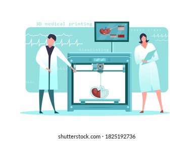 Impresora 3D médica. Científicos imprimiendo un riñón. Órgano humano tridimensional. Equipamiento moderno. Medicina futura. Concepto futurista. Ilustración vectorial en estilo plano aislada en fondo blanco