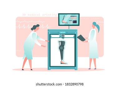 Medizinischer 3D-Drucker. Wissenschaftler drucken ein Bein. dreidimensionales menschliches Organ. Moderne Ausstattung. Zukünftige Medizin. Futuristisches Konzept. Vektorgrafik im Flachstil einzeln auf weißem Hintergrund