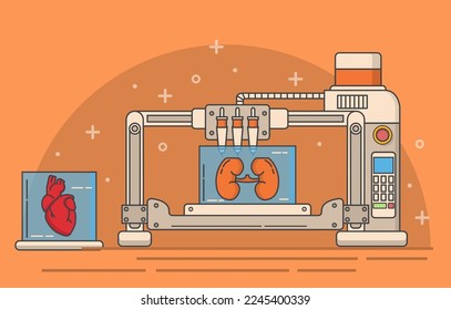 Medical 3d printer vector. Heart and kidney internal human body organ printing illustration. Medicine, engineering and modeling