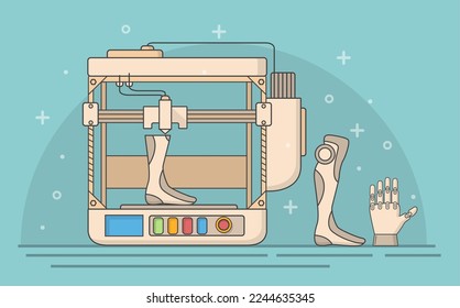 Medical 3d printer vector. Human leg prosthetics printing and prototyping in laboratory illustration. Biotechnology, modeling and medicine