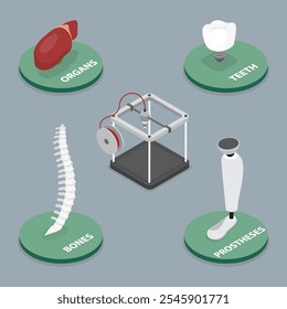 Medical 3D printing. 3D printer technologies in the production of organs, prostheses and implants. Vector isometric illustration.