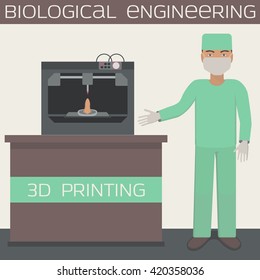 Medical 3D printing for producing a cellular construct, biological engineering, organs. Vector illustration.