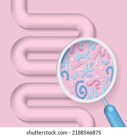 Medical 3d render illustration of microbiome being shown with a magnifying glass. Could be result of probiotics promoting good digestive flora or other microbes. Gut bacteria vector illustration.