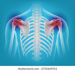 Medical 3D vector human skeletal back view showing shoulder pain red highlights Detailed anatomy including spine ribs orthopedic healthcare 