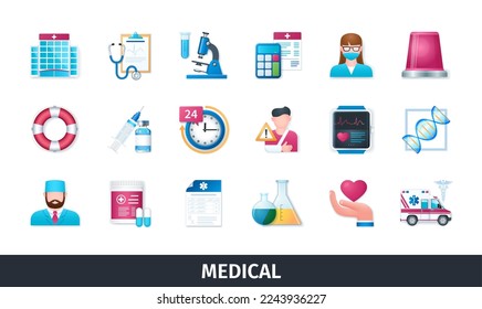 Medical 3d vector icon set. Healthcare, support, doctor, ambulance, prescription, dna, hospital, nurse. Realistic objects in 3D style