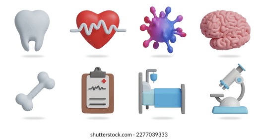 Medical 3D vector icon set 
tooths heart pulse virus brain bone clipboard patient bed microscope