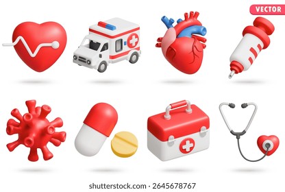 Medical 3D Vector Icon Set: Heartbeat,Ambulance,Heart Anatomy,Syringe,Virus,Pills,Aid kit,Stethoscope,