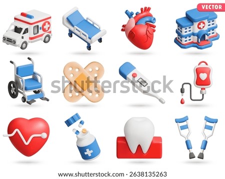 Medical 3D Vector Icon Set: ambulance,hospital bed,human heart,hospital building,wheelchair,adhesive plaster,thermometer,blood transfusion bag,heart, medicine bottle with pills,tooth,crutches.
