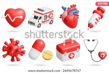 Medical 3D Vector Icon Set: Heartbeat,Ambulance,Heart Anatomy,Syringe,Virus,Pills,Aid kit,Stethoscope,