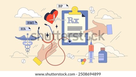 Medical abbreviation for prescription writing tiny neubrutalism hands concept. Pharmacy signs and symbols for receipt paperwork faster writing vector illustration. Rx, HR, BMI or other doctor records