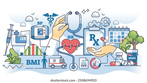 Medical abbreviations or text signs for shorter writing outline hands concept. Prescription paperwork filling, pharmacist advice for receipts or doctor diagnosis acronyms vector illustration.