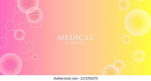 Medical abstract background. DNA and molecular structure. Hexagons, lines and bubbles on a yellow-pink gradient. Scientific, biological and medical concepts for your design. Vector illustration.