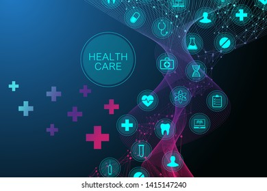 Medical abstract background with health care icon pattern. Medical innovation concept. DNA strand lines and dots, wave flow, DNA molecules structure for your design. Vector illustration.