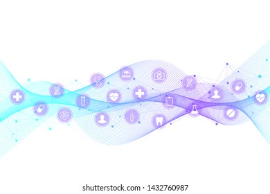 Medical abstract background with health care icon pattern. Medical innovation concept. DNA strand lines and dots, wave flow, DNA molecules structure for your design. Healthcare vector illustration.