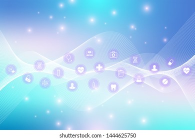 Medical abstract background with health care icon pattern. Medical innovation concept. DNA strand lines and dots, wave flow, DNA molecules structure for your design. Healthcare vector illustration.