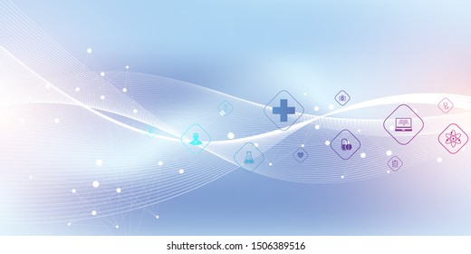 Medical Abstract Background With Health Care Icons. Medical Technology Network Concept. Connected Lines And Dots, Wave Flow, Molecules, DNA. Medical Background For Your Design. Vector Illustration