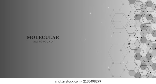 Fondo médico abstracto. Concepto de red de tecnología médica. Líneas y puntos conectados, moléculas, ADN en un gradiente gris. Antecedentes médicos para su diseño. Ilustración vectorial.