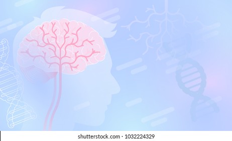 Medical abstract vector background with human head silhouette and human brains, blue color, light shapes. 