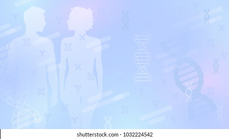 Medical abstract vector fertilization background with male and female, dna and x, y chromosomes, blue color, light shapes. 