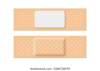 Medical adhesive bandage of rectangle shape. Front and back view of beige sticky plaster patch for first aid. Pharmaceutical medical product. Realistic 3d vector illustration.