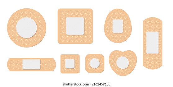 Medical adhesive bandages set vector illustration. Realistic 3d beige sticky plaster patches for first aid of tape, circle and square shapes, pharmaceutical medicare to help wound isolated on white