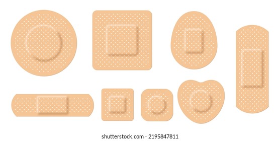 Medical adhesive bandages set vector illustration. Realistic 3d beige sticky plaster patches for first aid of tape, circle and square shapes, pharmaceutical medicare to help wound isolated on white